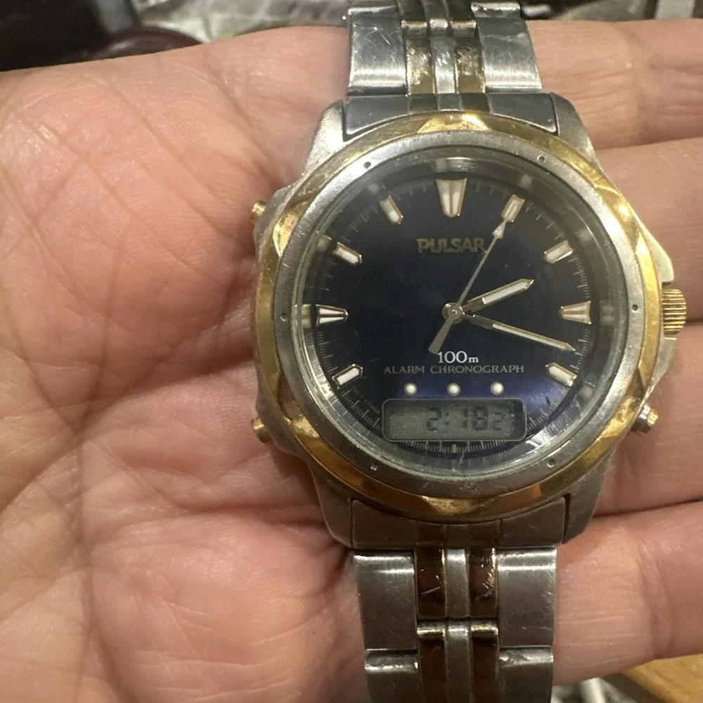 Works Pulsar Mens Watch Blue Dial 100m Analog Digital Alarm Chrono 41mm Fit 7.5